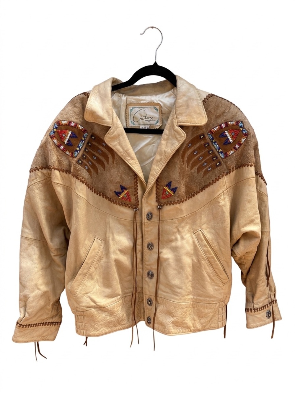 VTG Arturo Burray Olson Beaded Western Suede Leather Fringe Jacket Cream 42